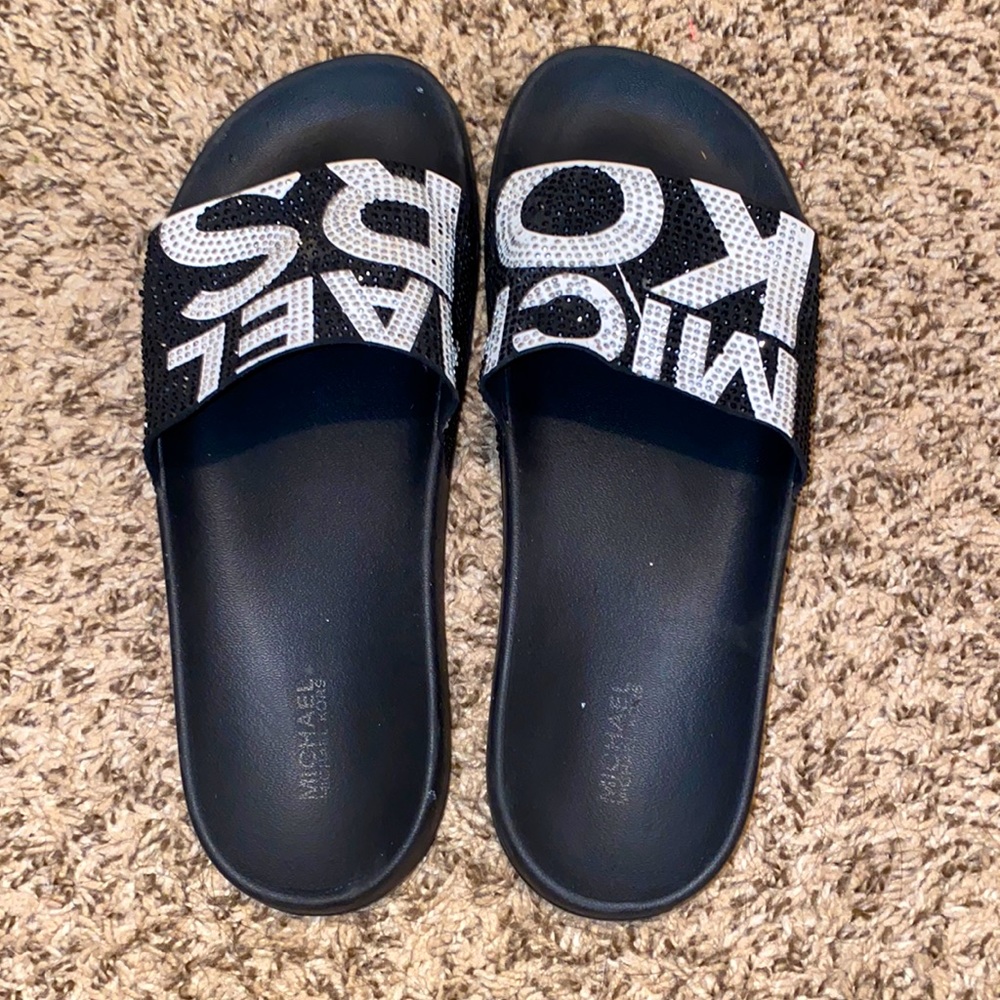 Black, rhinestone Michael Kors slides